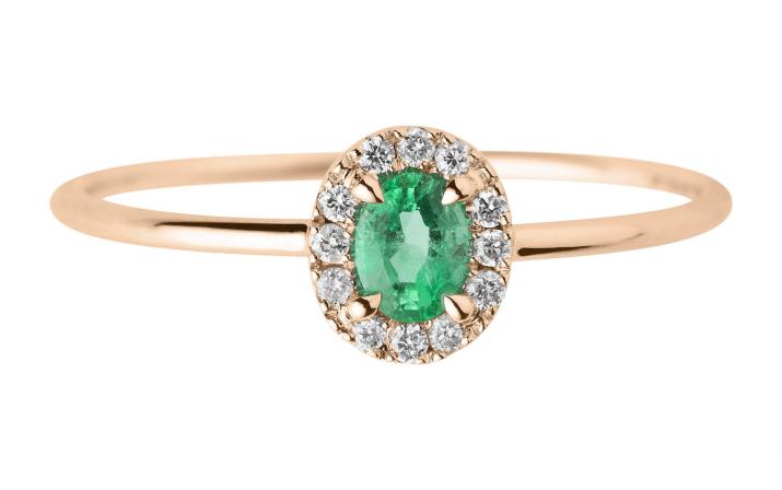 Ring with 0.06ct Oval Diamond and Emerald in Rose Gold Prong Setting - Redline - 0++