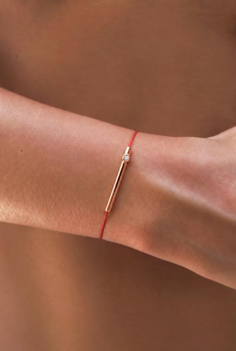 String Bracelet For Women with 0.05ct Round Diamond in Rose Gold Bezel Setting - Redline - 0++