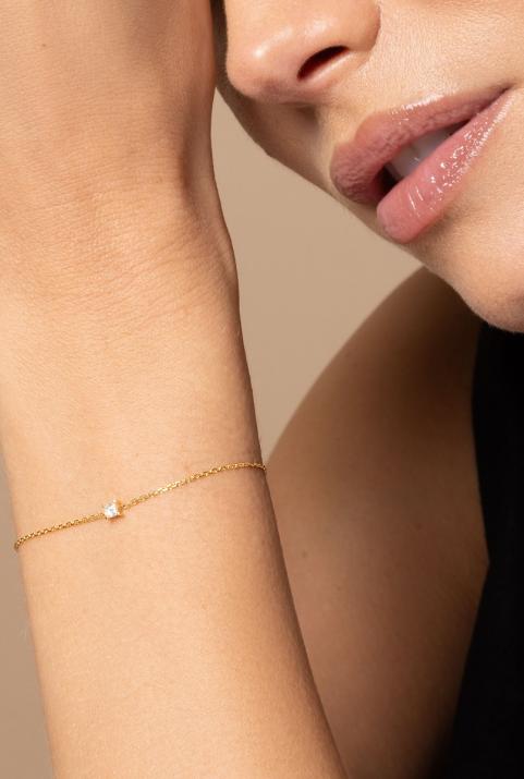 Chain Bracelet For Women with 0.11ct Princess Diamond in Yellow Gold Prong Setting - Redline - 0++