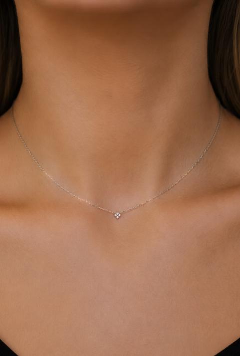 Chain Necklace For Women with 0.04ct Round Diamond in White Gold Prong Setting - Redline - 0++
