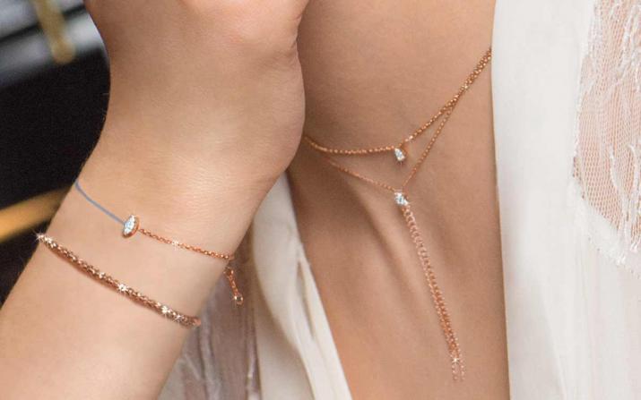 String-Chain Bracelet For Women with 0.10ct Marquise Diamond in Rose Gold Prong Setting - Redline - 0++