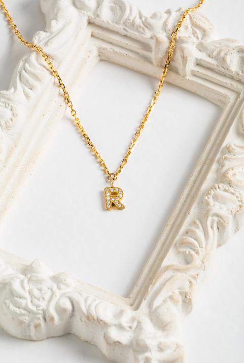 Chain Necklace with Diamond Letter in Yellow Gold - Redline - 0++