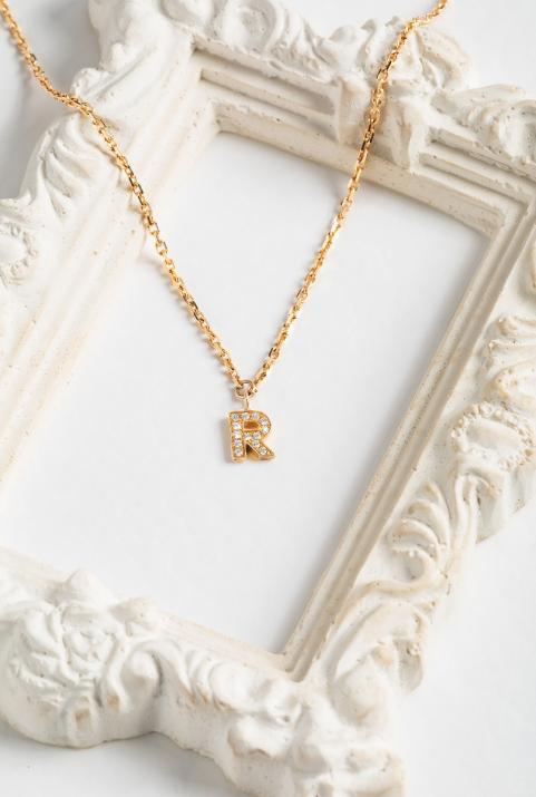 Chain Necklace with Diamond Letter in Rose Gold - Redline - 0++