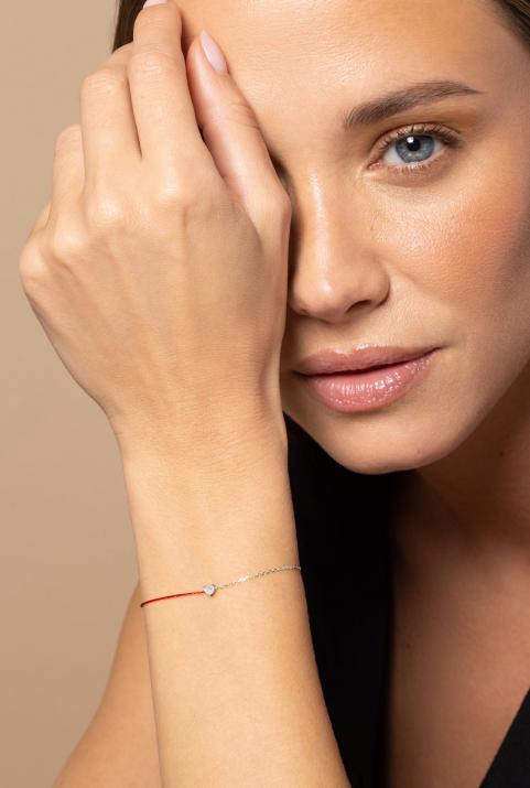 String-Chain Bracelet For Women with 0.10ct Heart ShapedDiamond in White Gold Prong Setting - Redline - 0++