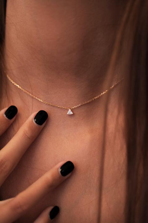 Chain Necklace For Women with 0.10ct Trillion Diamond in Yellow Gold Prong Setting - Redline - 0++