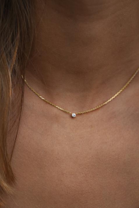 Yellow gold chain necklace 0.10-carat diamond crimped on claws - Redline - 0++