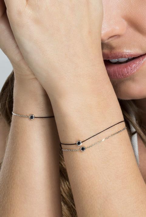 String Bracelet For Women with 0.10ct Round Black Diamond in Black Gold Bezel Setting - Redline - 0++