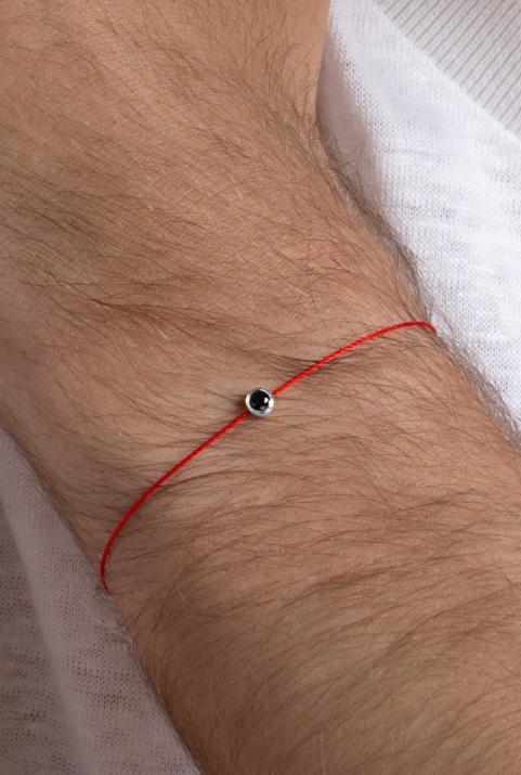 String Bracelet For Men with 0.10ct Round Black Diamond in White Gold Bezel Setting - Redline - 0++