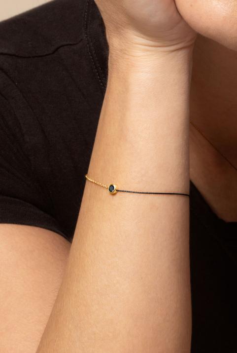 String-Chain Bracelet For Women with 0.10ct Round Black Diamond in Yellow Gold Bezel Setting - Redline - 0++