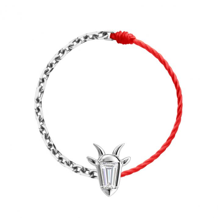 Half-thread half-chain ring in 18K white gold, goat head with a trapezoid-cut diamond 0.04 ct - Redline