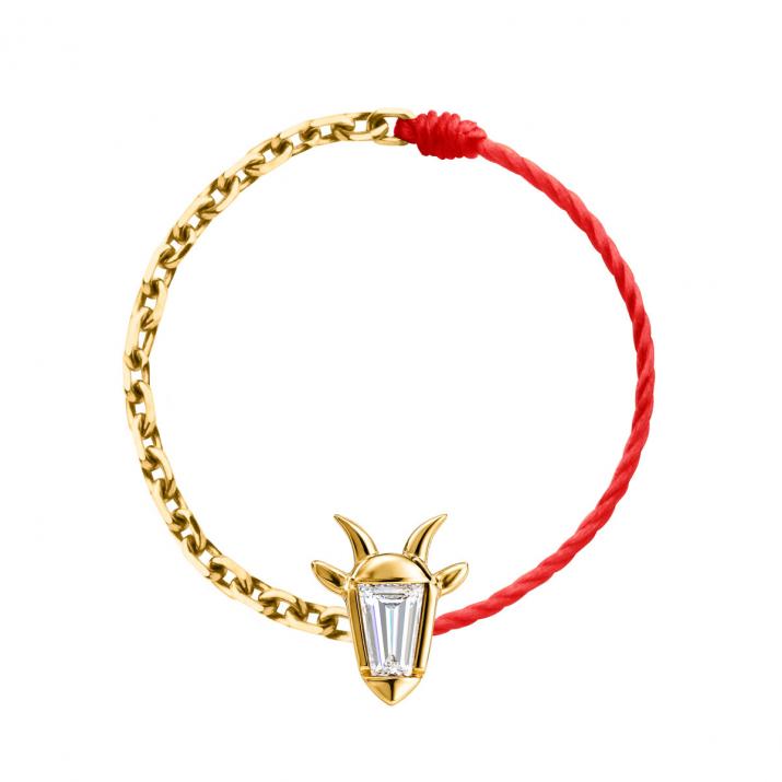 Half-thread half-chain ring in 18K yellow gold, goat head with a trapezoid-cut diamond 0.04 ct - Redline