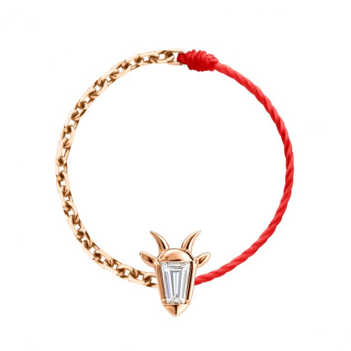 Half-thread half-chain ring in 18K rose gold, goat head with a trapezoid-cut diamond 0.04 ct - Redline
