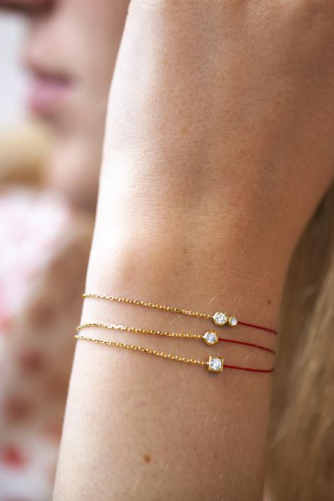 String-Chain Bracelet For Women with 0.10ct Round Diamond in Yellow Gold Square Setting - Redline - 0++