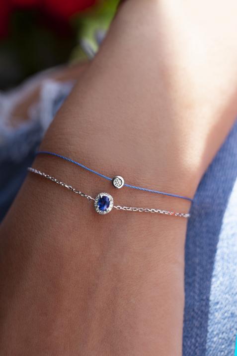 Chain Bracelet For Women with 0.06ct Oval Diamond and Sapphire in White Gold Prong Setting - Redline - 0++