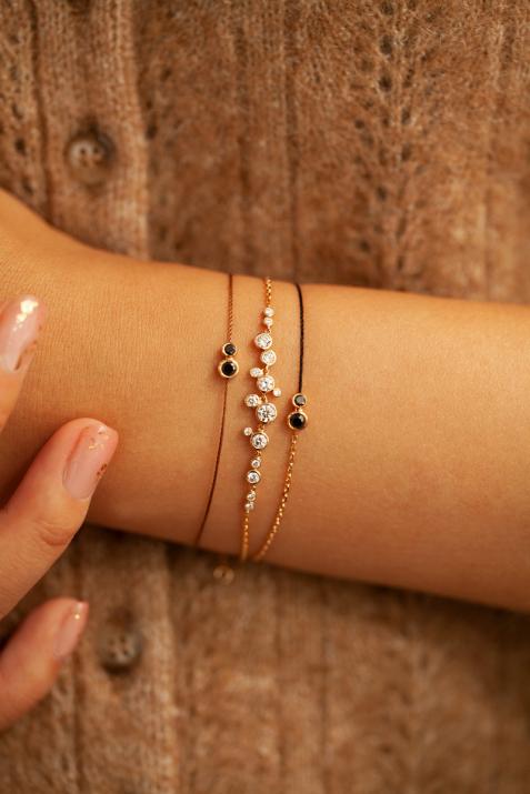 String Bracelet For Women with 0.15ct Round Black Diamond in White Gold Bezel Setting - Redline - 0++