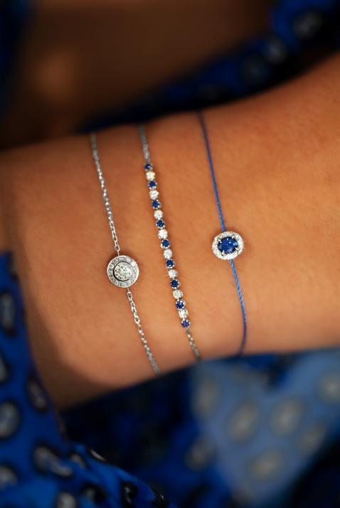 Chain Bracelet For Women with 0.14ct Round Diamond and Sapphirein White Gold Prong Setting - Redline - 0++