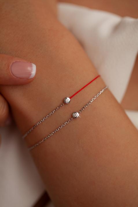 String-Chain Bracelet For Women with 0.02ct Round Diamond in White Gold Bezel Setting - Redline - 0++