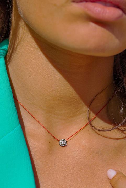 String Necklace For Women with 0.26ct Round Diamond in Black Gold Bezel Setting - Redline - 0++