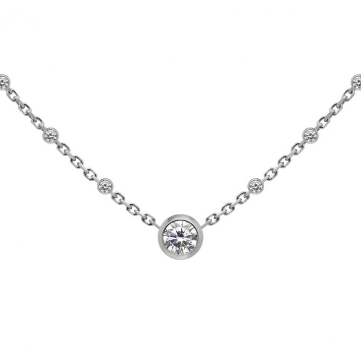 Chain Necklace For Women with 0.14ct Round Diamond in White Gold Bezel Setting - Redline - 0++