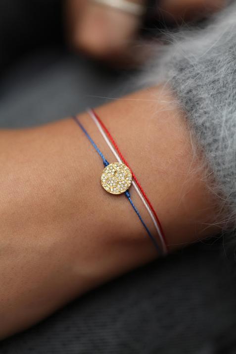 Loveball diamond bracelet in yellow gold with Blue White Red thread - Redline