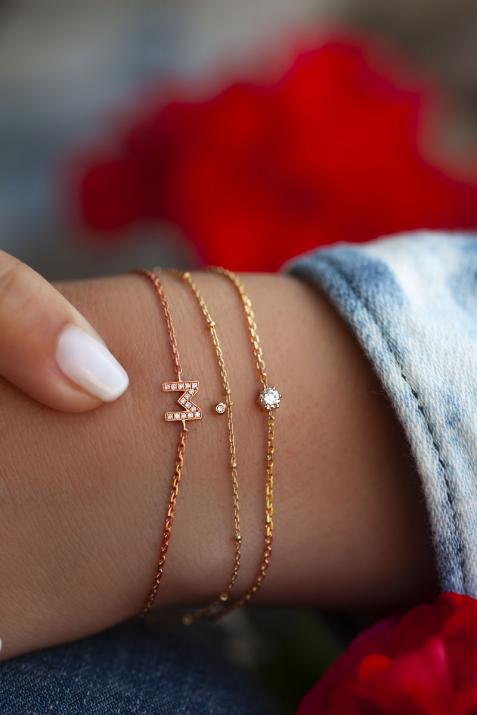 Chain Bracelet with Diamond Letter in Rose Gold - Redline - 0++