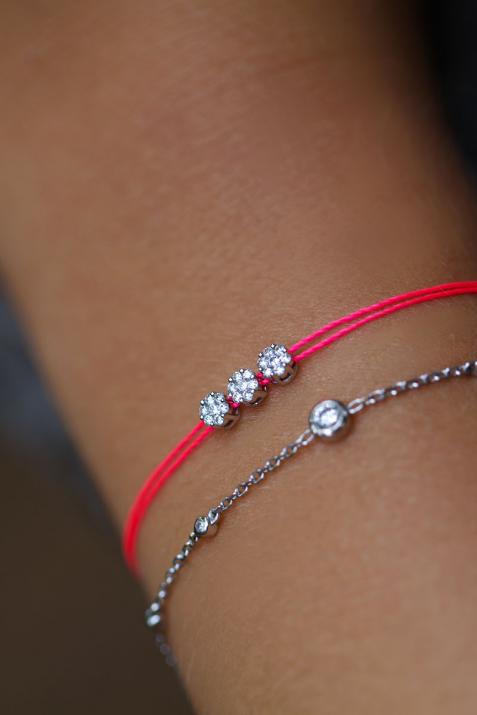 Multistring Bracelet For Women with 0.30ct Round Diamond in White Gold Cluster Setting - Redline - 0++