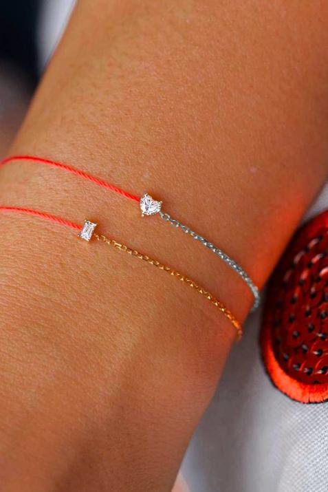 String-Chain Bracelet For Women with 0.10ct Heart ShapedDiamond in White Gold Prong Setting - Redline - 0++