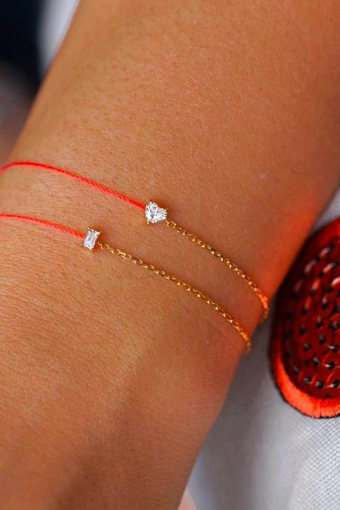 String-Chain Bracelet For Women with 0.10ct Heart ShapedDiamond in Yellow Gold Prong Setting - Redline - 0++