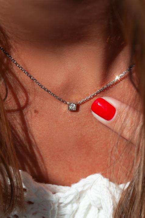 Chain Necklace For Women with 0.10ct Round Diamond in Black Gold Square Setting - Redline - 0++