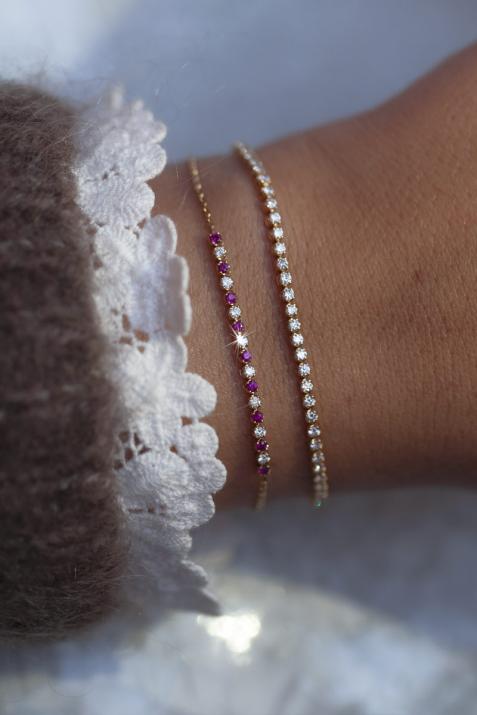 Chain Bracelet For Women with 0.16ct Round Diamond and Rubis in White Gold Prong Setting - Redline - 0++