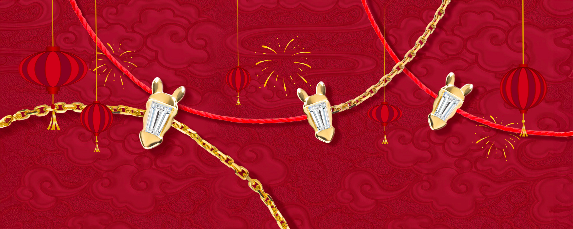 Gold and diamond horse jewelry on red thread - Redline